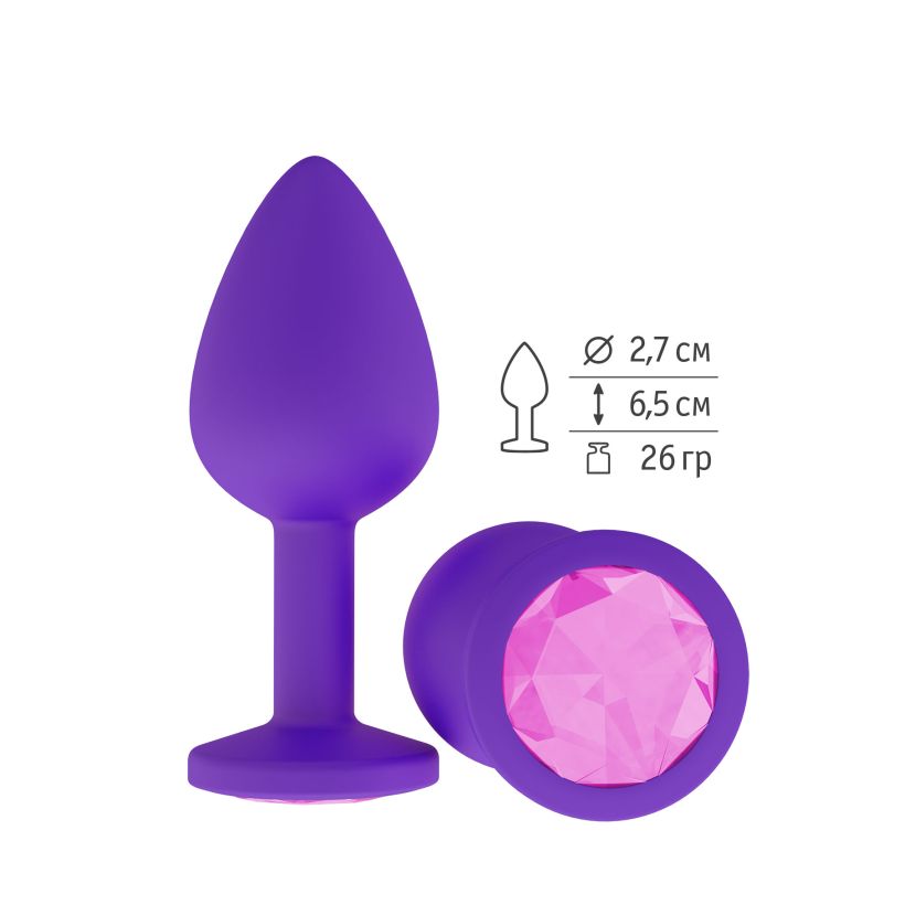 Фиолетовая анальная пробка с розовым кристаллом, силиконовая