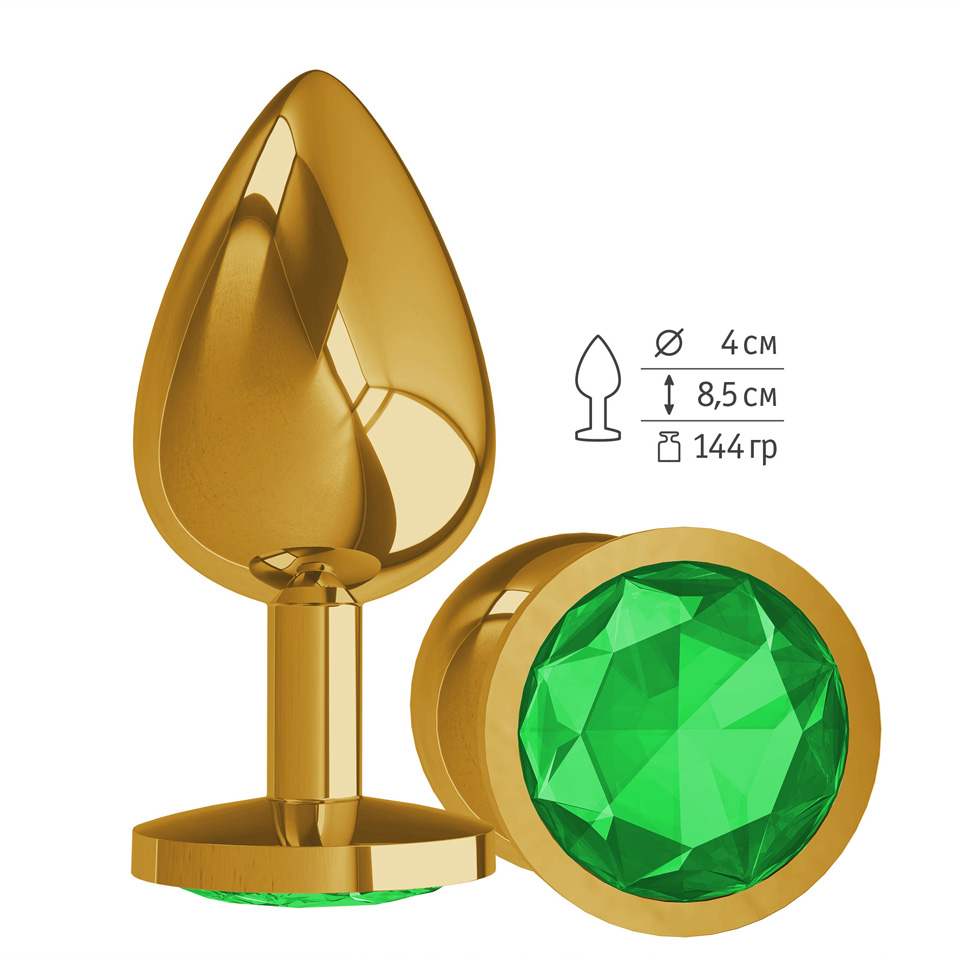 Gold большая анальная пробка с зеленым кристаллом