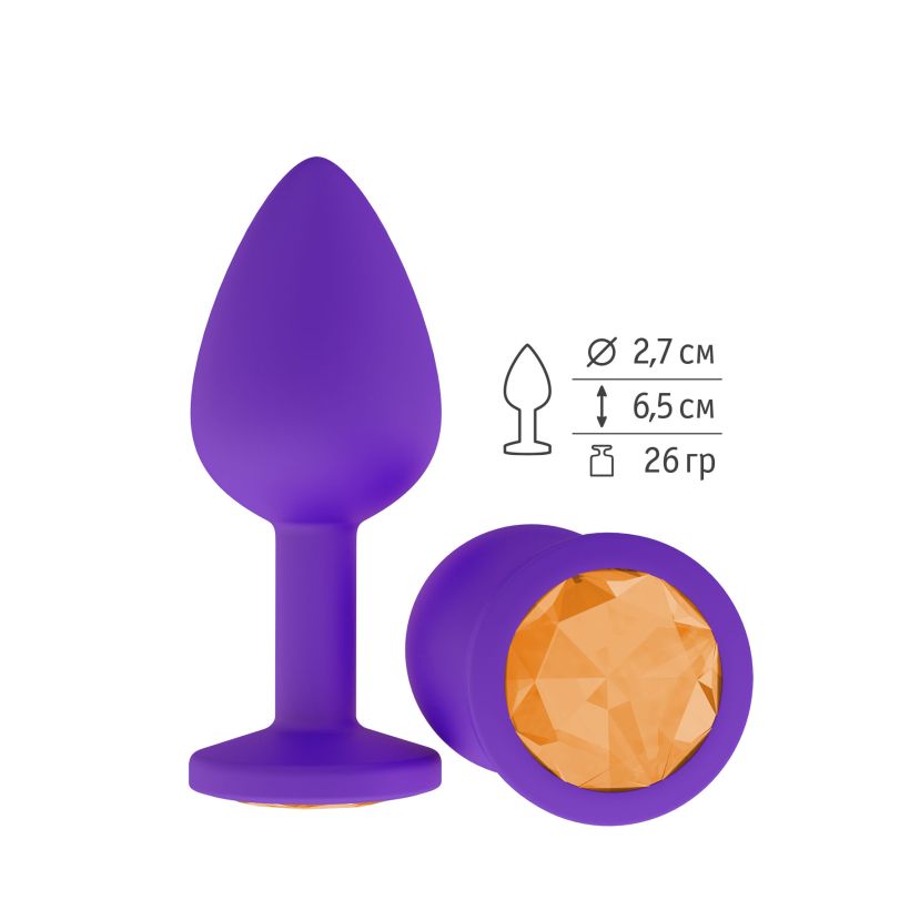 Фиолетовая анальная пробка с оранжевым кристаллом, силиконовая