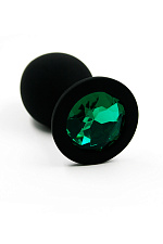 Черная анальная пробка из силикона с темно-зеленым кристаллом