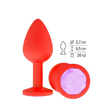Красная анальная пробка силиконовая с сиреневым кристаллом