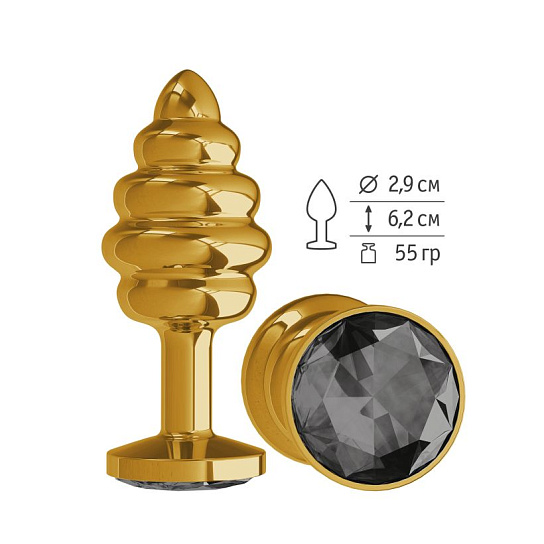 Анальная втулка с черным кристаллом и ребристым рельефом Gold Spiral