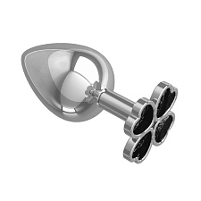 Анальная пробка большая Silver с черным кристаллом Клевер