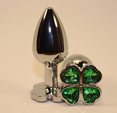 Пробка анальная металл с зелеными камешками-сердечками - клевер