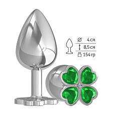 Анальная пробка большая Silver с зеленым кристаллом Клевер