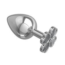 Анальная пробка большая Silver с прозрачным кристаллом Клевер