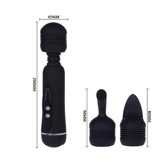 Вибратор Power Wand с дополнительными насадками, черный