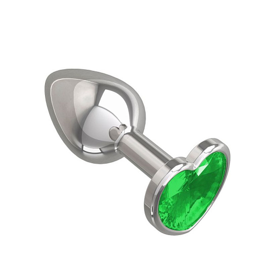 Серебряная анальная пробка с зеленым кристаллом-сердце