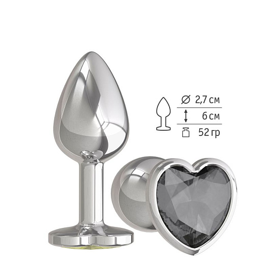 Серебряная анальная пробка с черным кристаллом-сердце