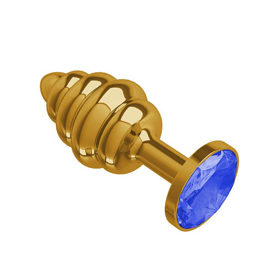 Анальная втулка с синим кристаллом и ребристым рельефом Gold Spiral