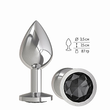 Средняя анальная пробка Silver с черным кристаллом