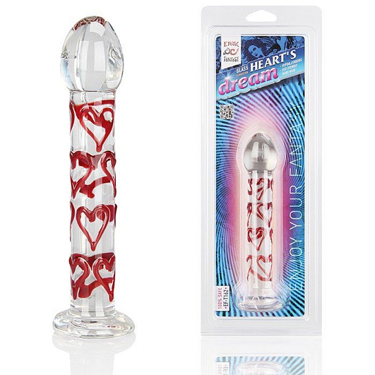 Стеклянный фаллоимитатор с сердцами HEART'S DREAM 16,5 см