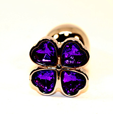Пробка анальная металл с фиолетовыми камешками-сердечками - клевер