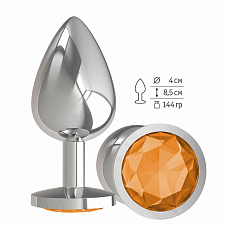 Большая анальная пробка Silver с оранжевым кристаллом