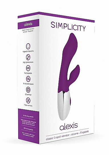 Вибратор с изогнутой головкой ALEXIS с клиторальным отростком, пурпурный