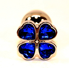 Пробка анальная металл с синими камешками-сердечками - клевер