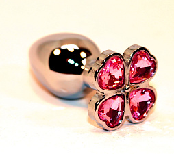 Пробка анальная металл с розовыми камешками-сердечками - клевер