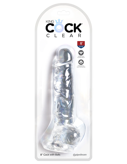 Фаллоимитатор с мошонкой на присоске King Cock Clear 8, прозрачный