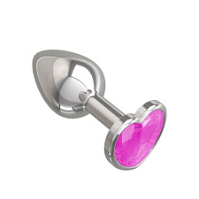 Серебряная анальная пробка с розовым кристаллом-сердце