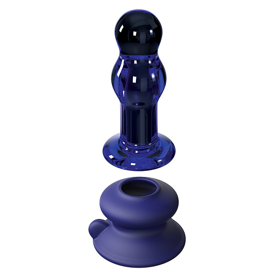 Стеклянный анальный вибростимулятор с пультом ДУ и силиконовой присоской, синий