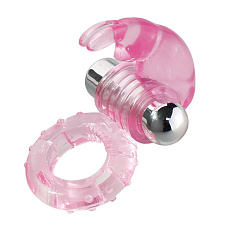 Эрекционное кольцо с вибрацией и клиторальным отростком, розовое