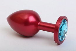 Анальная пробка из металла красного цвета с голубым кристаллом