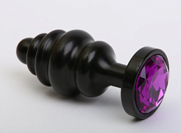 Рельефная черная анальная пробка с фиолетовым кристаллом