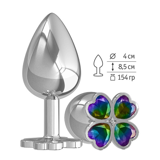 Анальная пробка большая Silver с разноцветным кристаллом Клевер