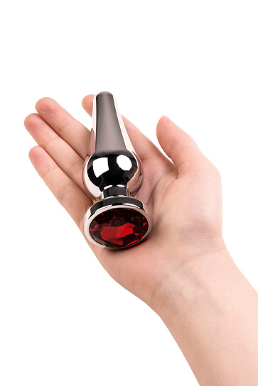 Серебристая анальная втулка Metal Plug 051 с красным кристаллом