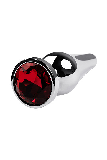 Серебристая анальная втулка Metal Plug 051 с красным кристаллом