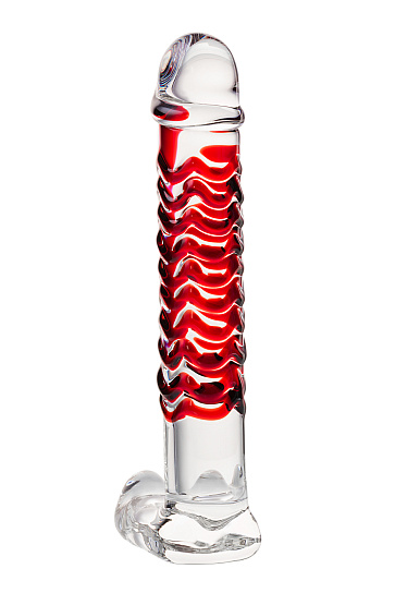 Стеклянный фаллос с мошонкой и рельефным стволом 14,5 см