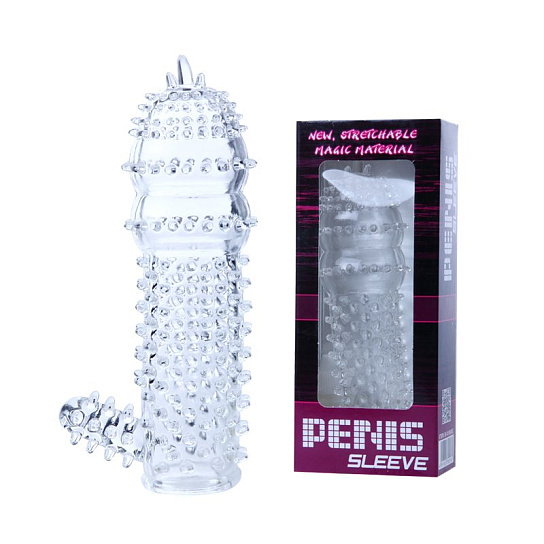 Penis Sleeve гелевая насадка с шипами и отростком для клитора