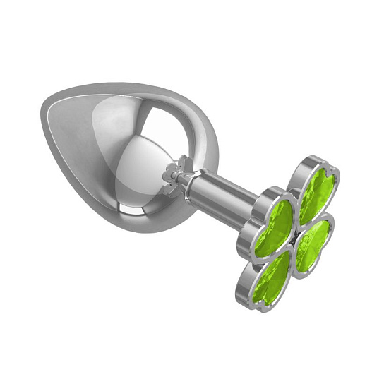 Анальная пробка большая Silver с салатовым кристаллом Клевер