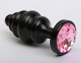 Рельефная черная анальная пробка с розовым кристаллом
