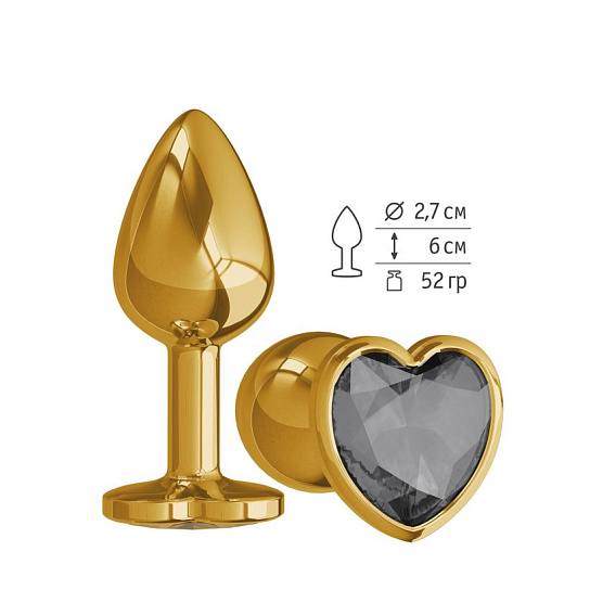 Маленькая анальная пробка Gold с черным кристаллом сердце