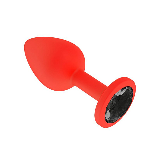 Красная анальная пробка силиконовая с черным кристаллом