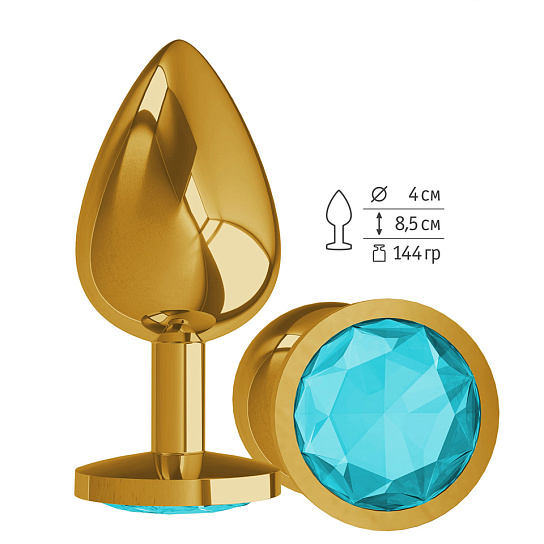 Gold большая анальная пробка с голубым кристаллом