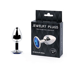 Анальная пробка металлическая Jewelry Plugs, cиний кристалл, размер S