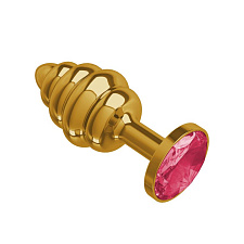 Анальная втулка с бордовым кристаллом и ребристым рельефом Gold Spiral