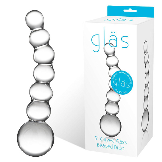 Изогнутный ребристый анальный фаллос Beaded Dildo из стекла, 13 см