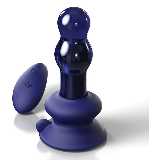 Стеклянный анальный вибростимулятор с пультом ДУ и силиконовой присоской, синий