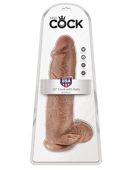 Огромный фаллос 12 Cock with Balls с мошонкой на присоске, 15 см, коричневый
