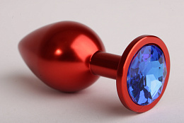 Анальная пробка из металла красного цвета с синим кристаллом