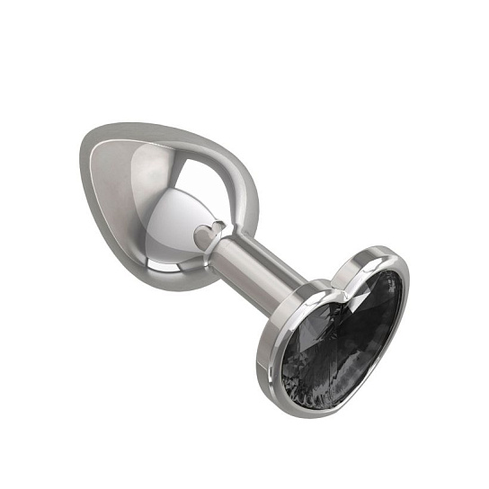 Серебряная анальная пробка с черным кристаллом-сердце