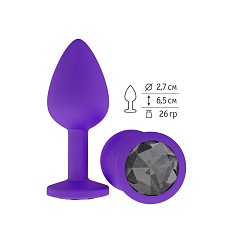 Фиолетовая анальная пробка с черным кристаллом, силиконовая